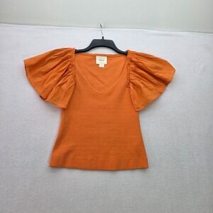 Maeve Anthropologie‎ Orange Ribbed Knit V-Neck Flutter Sleeve Top XSP OB1326427